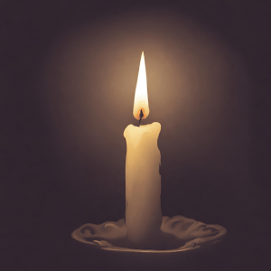eine brennende weiße Kerze vor einem dunklen Hintergrund