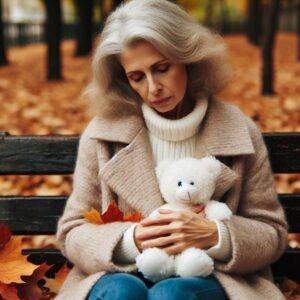 Die Essenz der Trauer Es sitzt eine Frau mit traurigem Gesichtsausdruck auf einer Bank. Die Frau hält einen weißen Kindertaddy in ihren Händen. Im Hintergrund sind einige Bäume mit Herbstlaub auf dem Boden zu sehen.